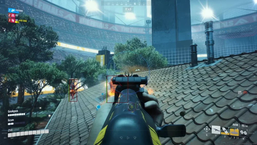 First-person shooter game view showing a player aiming an AKM rifle from a rooftop in a stadium. Bright lights, trees, and UI elements indicate action.
