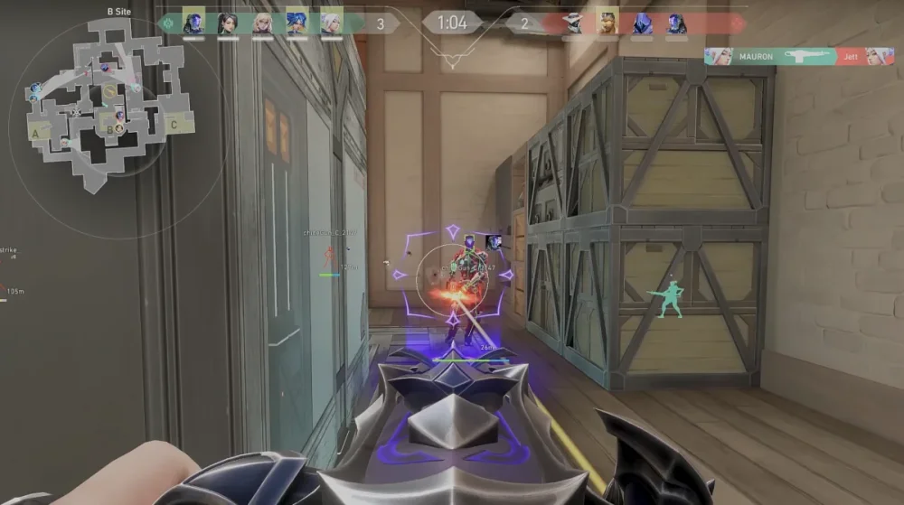 A character aims a firearm in a tactical game setting, with crates and a map overlay indicating the game's objectives and player status.