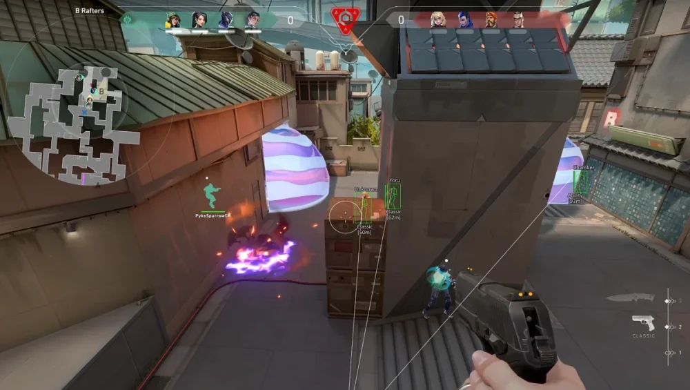 A player aims a handgun, poised for action in a tactical game setting. Spells and abilities are visually engaged nearby.