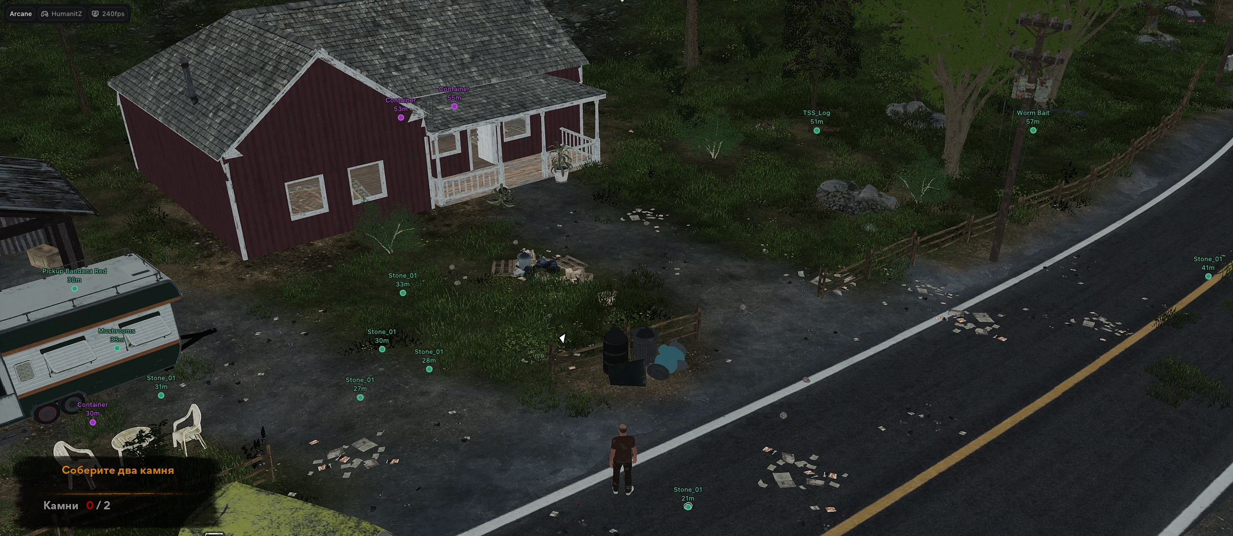 HumanitZ loot ESP showing stone and container markers with distance tags around red farmhouse in isometric overhead view