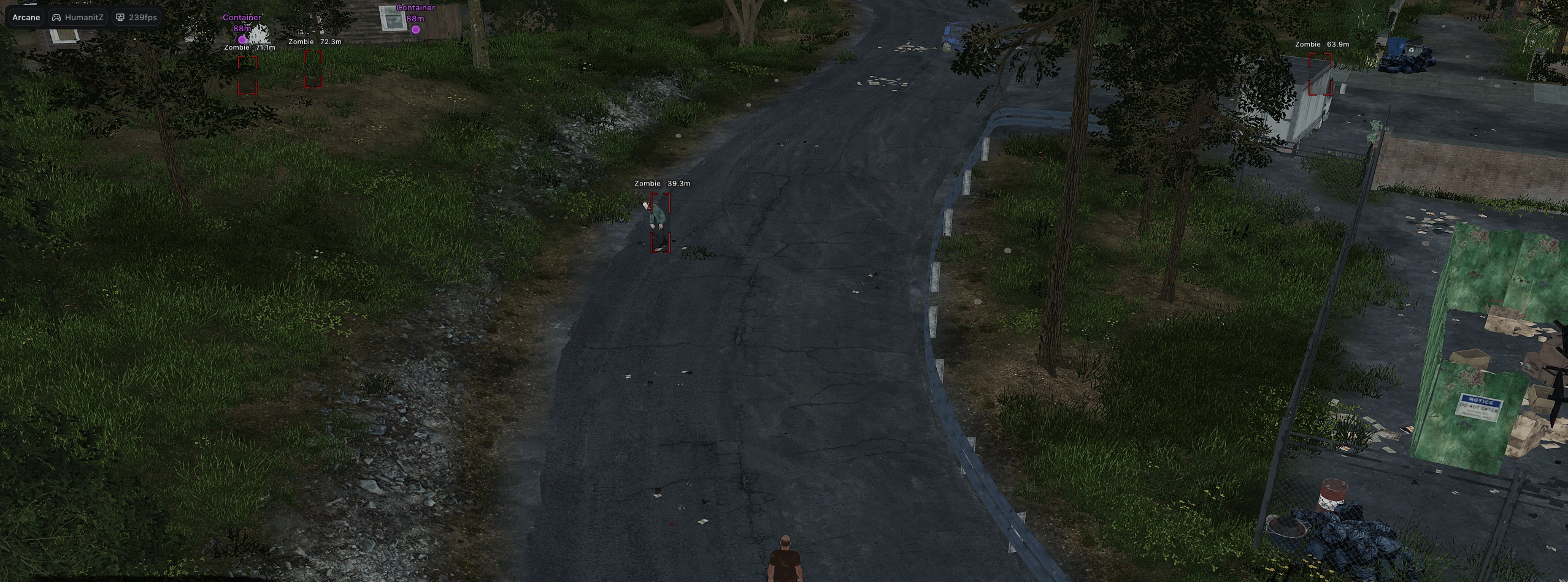 HumanitZ zombie ESP with red box outlines and distance markers tracking zeeks on road at 39m and 72m range
