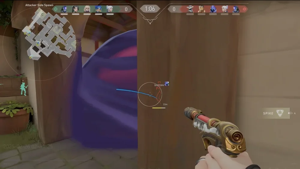 Valorant ESP Through Omen Smoke on Lotus — Enemy Tagged with Weapon and Distance at 33m