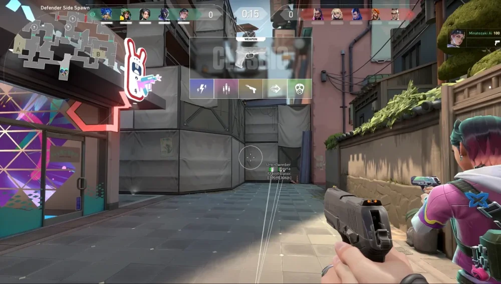 Valorant ESP on Sunset Defender Spawn — Enemy Weapon and Agent Info Through Walls During Pistol Round